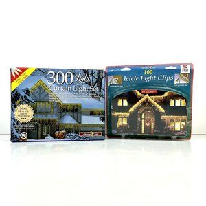 Icicle Christmas Lights 300 Lights Curtain Light Set of 2 Stands and Clips Lot